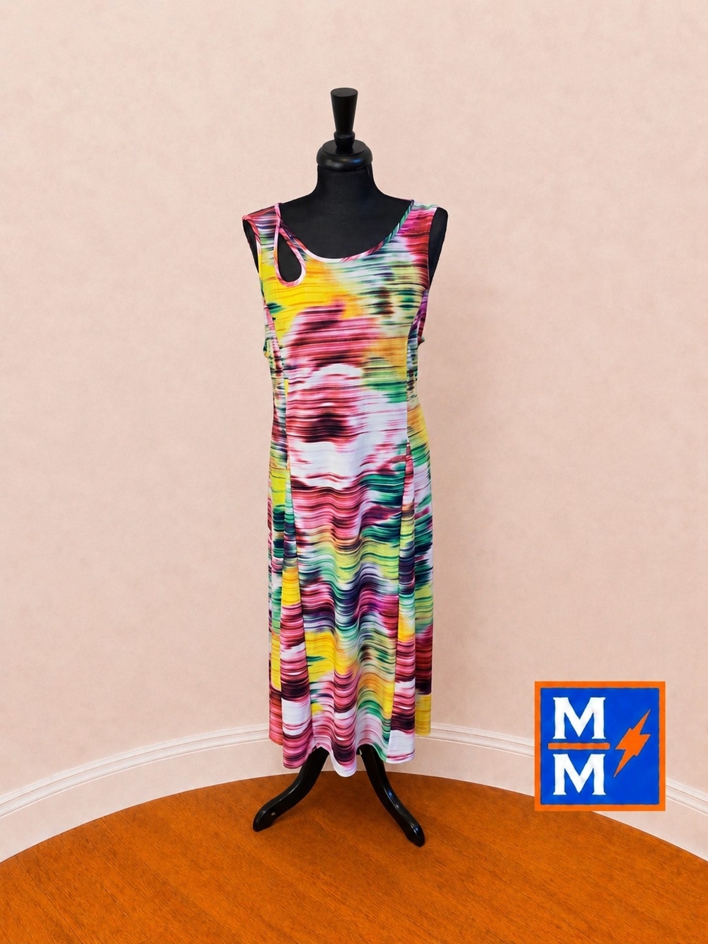 Attitudes by Renée Colorful Abstract Print Swing Dress 1X Cutout Detail